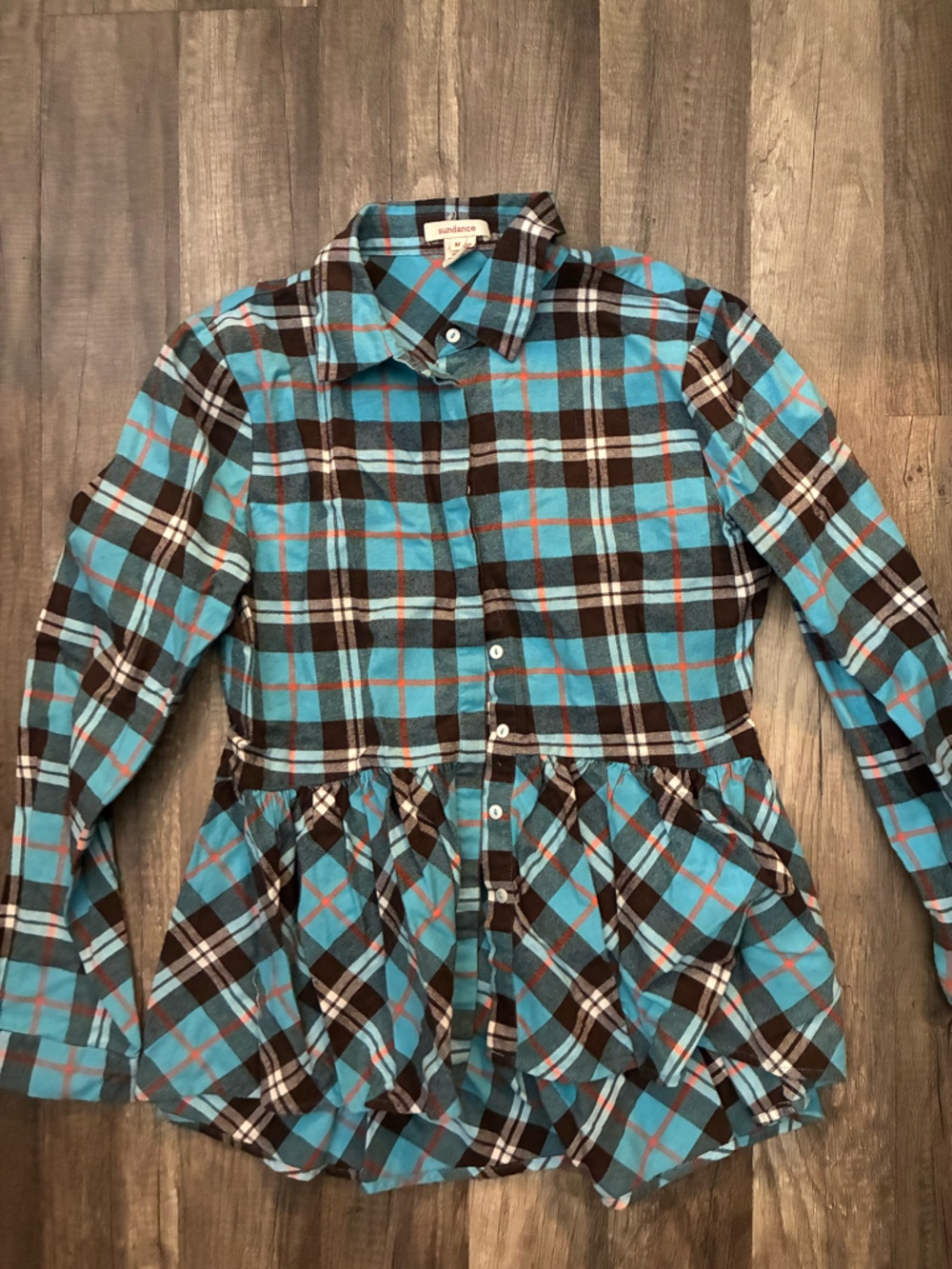 Sundance Blue Black Plaid Button-Up Peplum Blouse